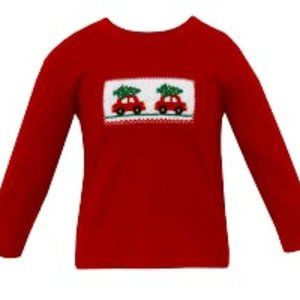 Anavini Boys Red Shirt - Smocked Christmas Trees on Cars Boys Size 5 NWT